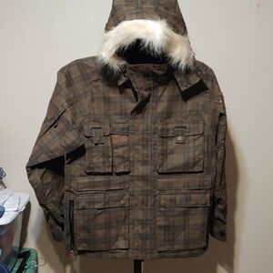 Allyance Men's Brown Plaid Cargo Pockets Ski Jacket W Removable Hood NWOT Size L
